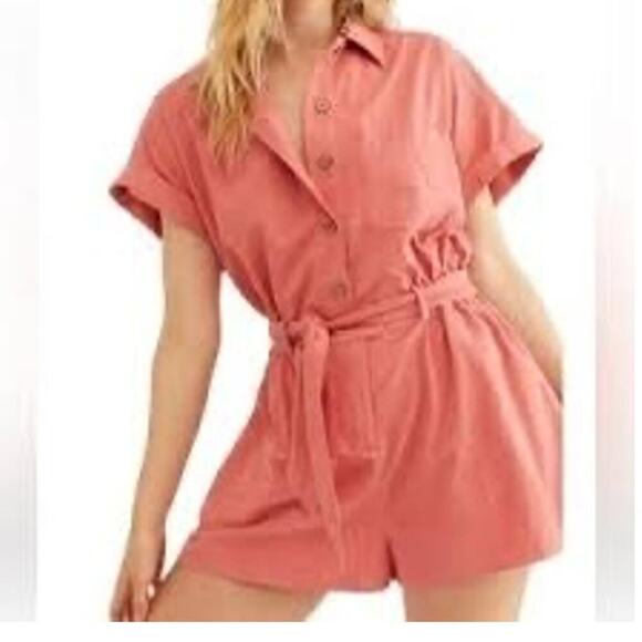 Free People Romper Coral Size XS Button Down Short Sleeve Belted Sinched Waist - Picture 1 of 13